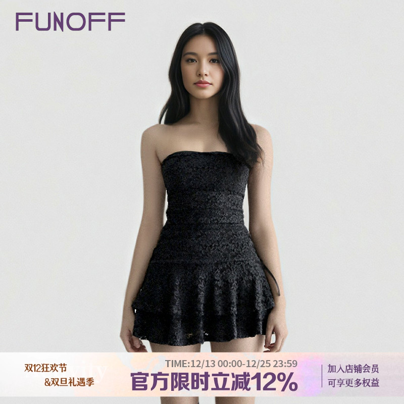 复古黑色蕾丝拼接收腰抹胸连衣裙