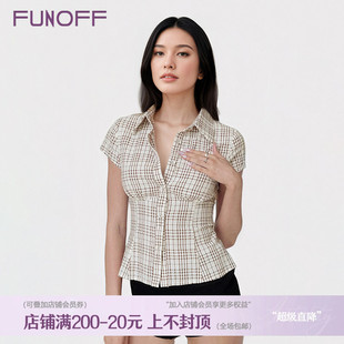 学院翻领纽扣收腰T恤上衣 FUNOFF 美式 复古棕色格纹POLO领短袖 衬衫