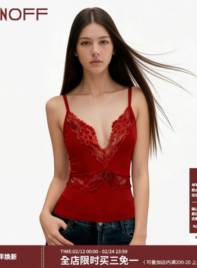 FUNOFF 美式复古红色蕾丝镂空V领吊带背心性感透视修身收腰上衣女