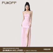 FUNOFF 气质纯色露锁骨抹胸开叉连衣裙度假风性感收腰网纱长裙女
