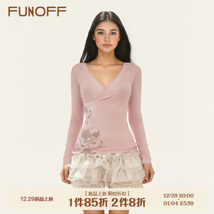 T恤简约性感低胸收腰上衣女 复古植物花卉印花V领长袖 FUNOFF 美式