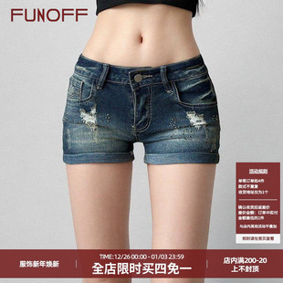 辣妹磨白烫钻口袋显瘦热裤 复古低腰洗水破洞牛仔短裤 美式 FUNOFF