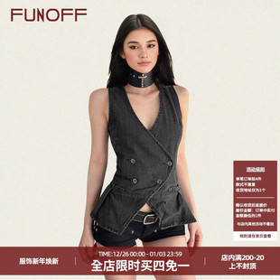 马甲背心街头做旧收腰牛仔上衣女 复古灰色V领叠穿无袖 FUNOFF 美式