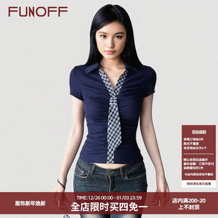 衬衫 学院风V领POLO领短袖 夏海妖风假两件收腰T恤上衣 美式 FUNOFF