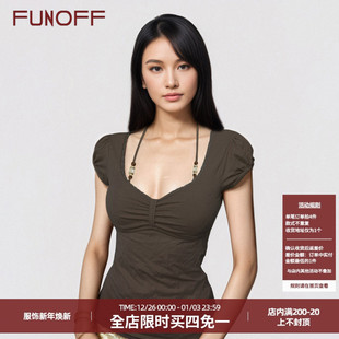 T恤夏性感纯色修身 复古棕色低胸串珠挂脖短袖 收腰上衣 美式 FUNOFF