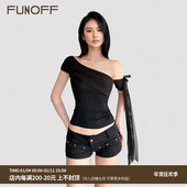 FUNOFF 美式 简约黑色网纱斜肩飘带T恤设计感白色一字肩针织上衣夏