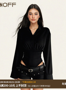 FUNOFF美式黑色排扣POLO领长袖衬衫连体衣海妖风通勤白色收腰上衣