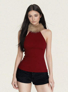 FUNOFF 美式复古红色毛领拼接无袖背心新年简约修身收腰针织上衣
