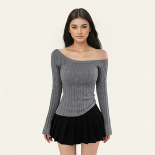 圆领毛织长袖 复古灰色修身 2025秋冬红色基础收腰上衣 美式 FUNOFF