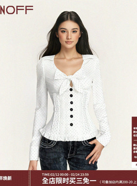 FUNOFF法式复古白色波点蝴蝶结镂空长袖衬衫性感低胸收腰花边上衣