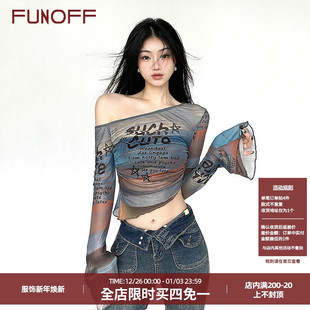 小众罩衫 辣妹晕染字母印花斜肩网纱喇叭长袖 上衣 热辣加州 FUNOFF