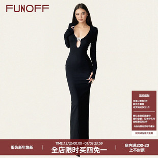 FUNOFF 连衣裙低胸收腰包臀长裙 性感黑色海螺扣V领镂空后开叉长袖