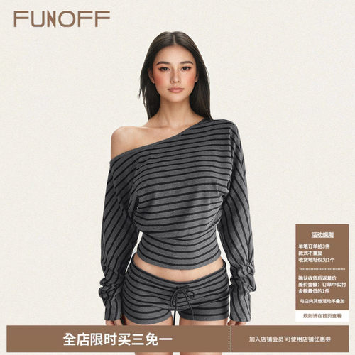 美式复古条纹斜肩T上衣短裤套装