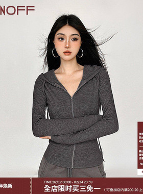 FUNOFF美式复古运动灰色拉链连帽针织卫衣2025春季修身短开衫外套