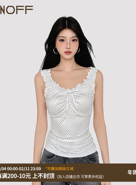 FUNOFF 法式bm白色波点V领木耳边吊带背心夏简约低胸收腰无袖上衣