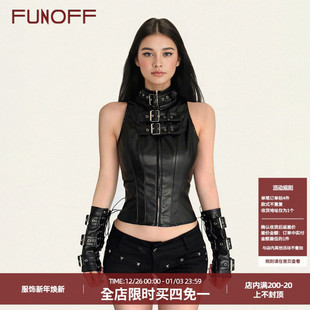 FUNOFF美式 背心轻亚朋克街舞收腰上衣 街头黑色皮革拉链金属扣无袖