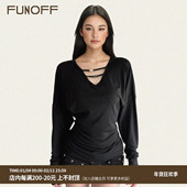 FUNOFF 打底上衣 T恤性感收腰蝙蝠袖 美式 复古黑色V领低胸串珠长袖