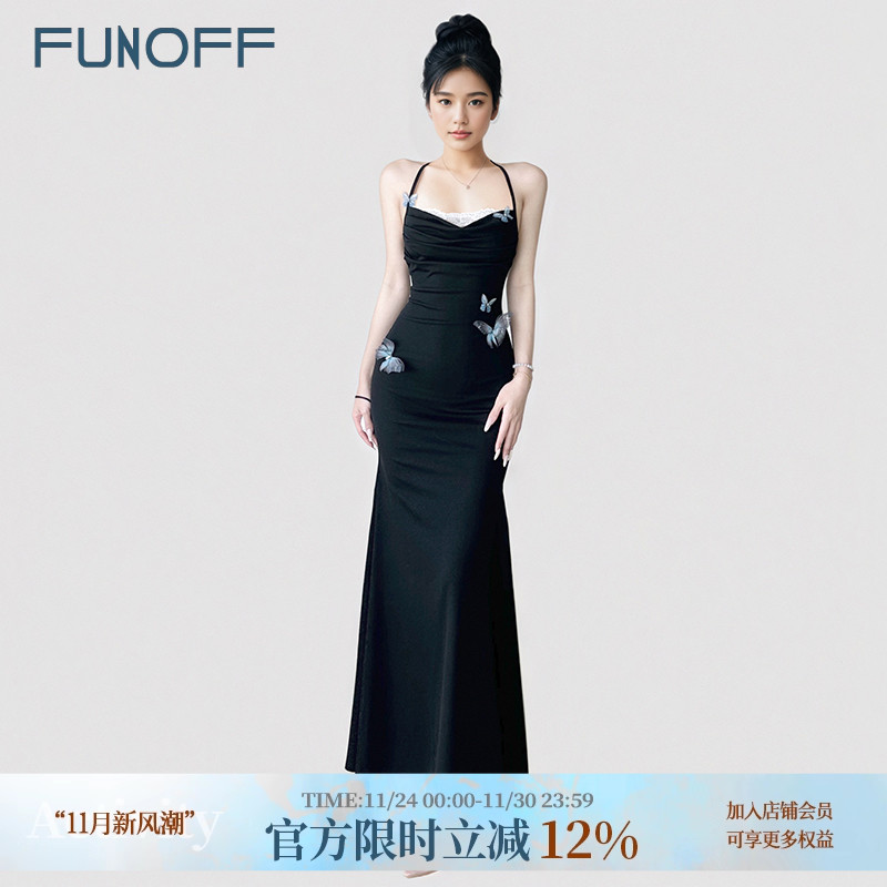 黑色立体蝴蝶荡领挂脖吊带连衣裙