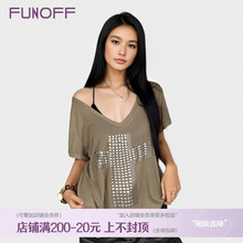 FUNOFF 美式街头V领烫铜十字架斜肩短袖T恤复古亚文化宽松上衣夏