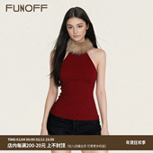 FUNOFF 收腰针织上衣 背心新年简约修身 美式 复古红色毛领拼接无袖