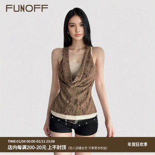 FUNOFF 废土风棕色荡领拼接撞色无袖背心2025夏小众破烂风上衣女
