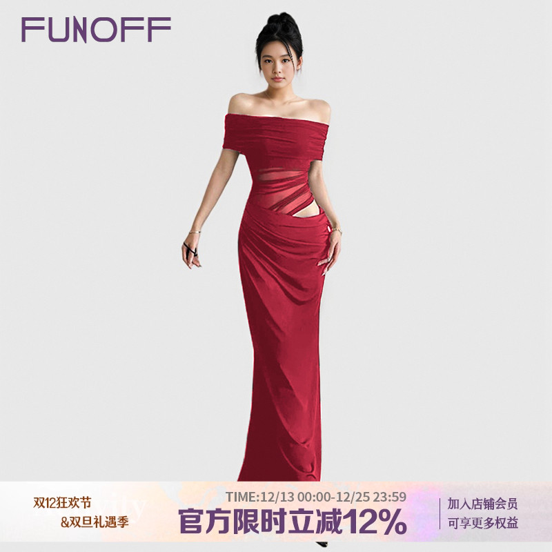 度假一字肩红色网纱假两件连衣裙