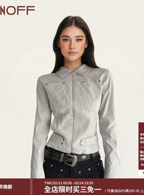FUNOFF 美式复古灰色多口袋夹克外套2025秋工装风收腰长袖上衣女