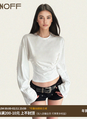 FUNOFF 美式简约白色圆领收腰内搭长袖T恤2025秋基础百搭纯色上衣