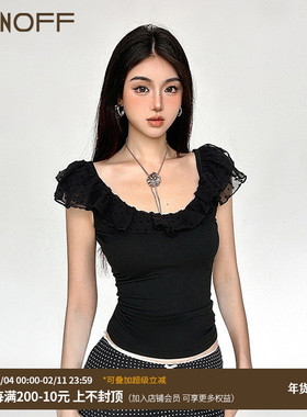 FUNOFF 法式黑色荷叶边一字肩短袖2025春miu系波点网纱收腰背心女