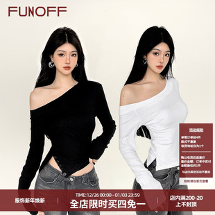 T恤简约修身 复古斜肩测侧开叉收腰长袖 露肩内搭上衣女 美式 FUNOFF
