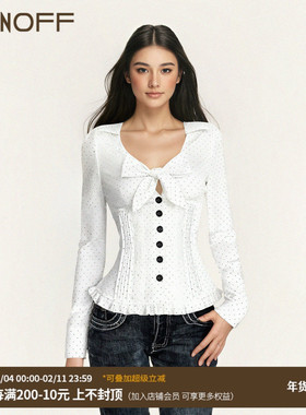 FUNOFF法式复古白色波点蝴蝶结镂空长袖衬衫性感低胸收腰花边上衣