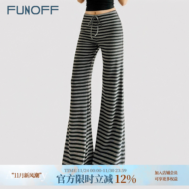 美式复古撞色条纹绑带针织休闲裤