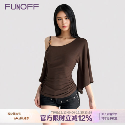 美式复古棕色斜肩串珠蝙蝠长袖T