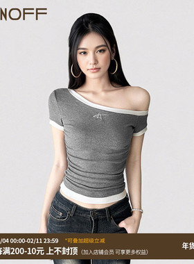 FUNOFF 美式复古撞色斜肩刺绣短袖T恤2025春夏街舞收腰露肩短上衣