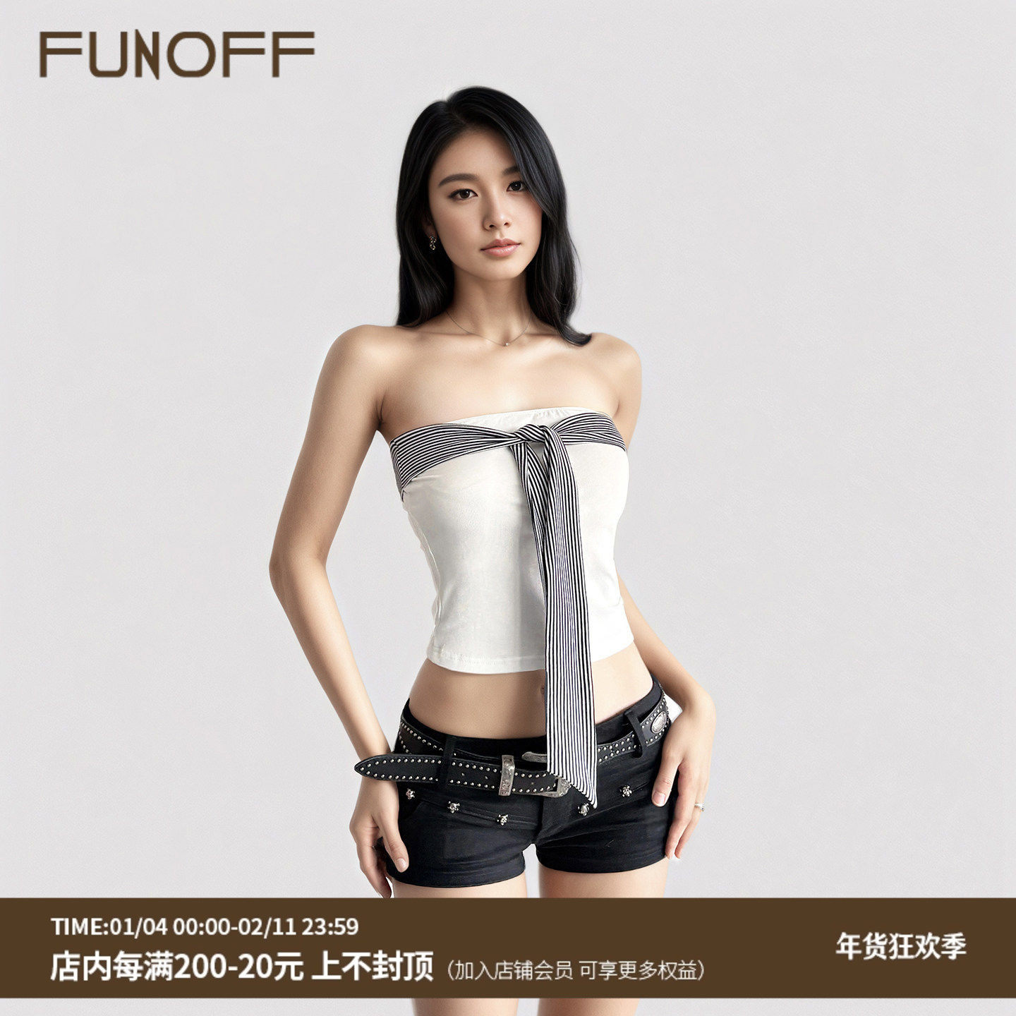 FUNOFF 美式复古条纹绑带露锁骨抹胸背心2025夏miu系撞色露背上衣,女装/女士精品,抹胸,淘宝优惠券,粉丝福利购,淘宝优惠卷
