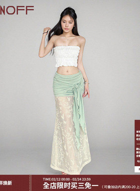 FUNOFF 新中式绿色蕾丝绑带透视半身裙复古性感褶皱低腰鱼尾长裙