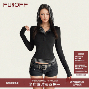 T恤简约修身 复古黑色条纹撞色连帽假两件长袖 收腰上衣 美式 FUNOFF