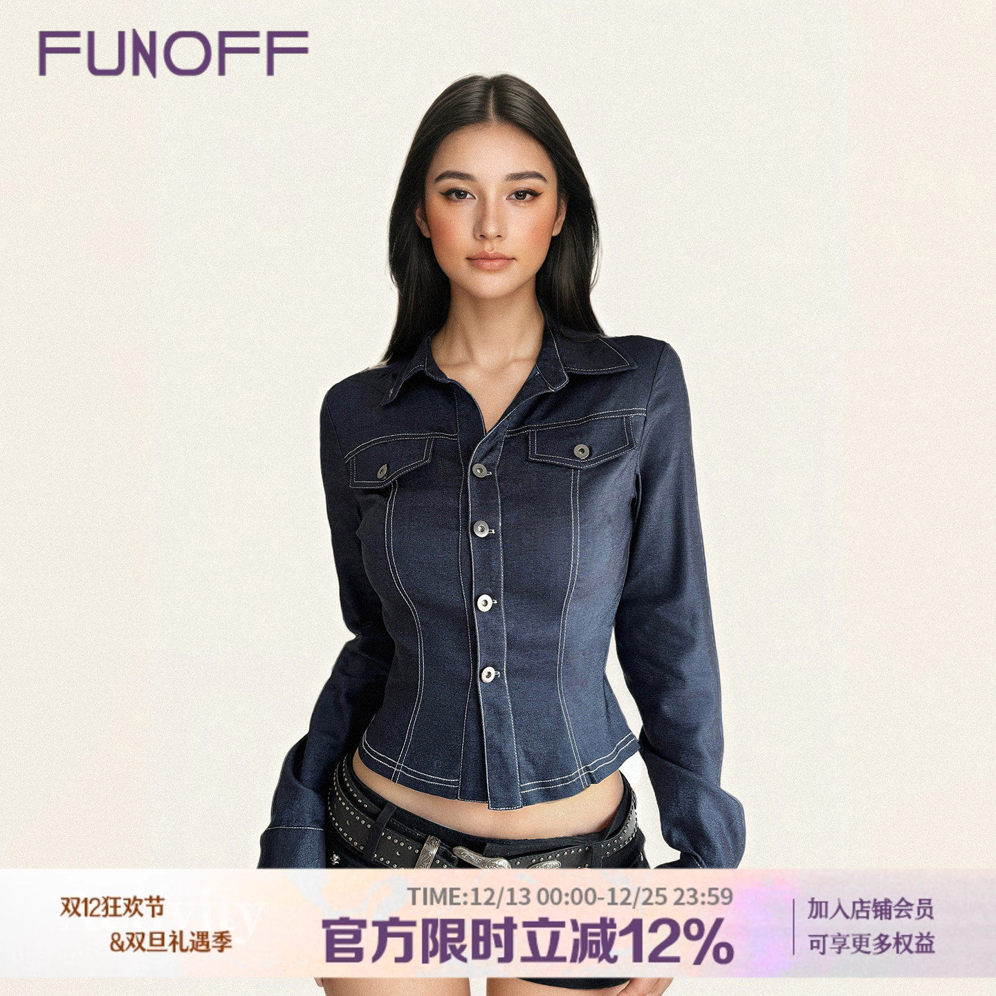 复古蓝色仿牛仔POLO领长袖衬衫秋