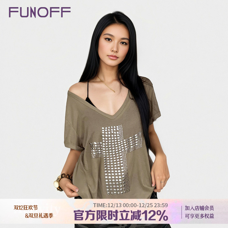 美式街头V领烫铜十字架斜肩短袖T