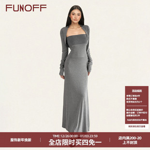 上衣连衣长裙套装 罩衫 复古灰色条纹抹胸包臀鱼尾裙长袖 FUNOFF美式