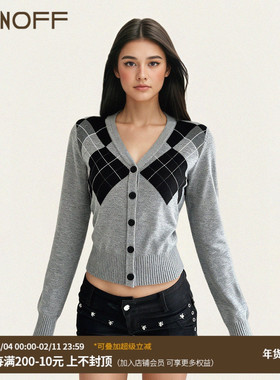 FUNOFF美式复古学院风灰色菱格纽扣毛织长袖开衫秋冬简约收腰上衣