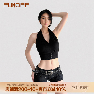美式复古黑色V领低胸挂脖背心夏