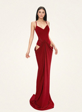 FUNOFF简约红色低胸束腰吊带鱼尾长裙性感透视修身收腰开叉连衣裙