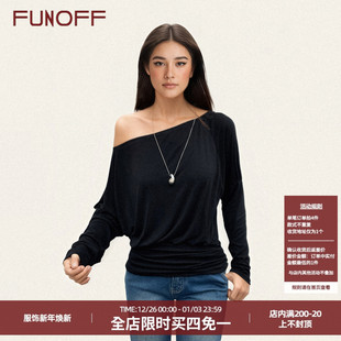 T恤25秋基础一字肩收腰上衣 简约黑色斜肩宽松蝙蝠长袖 FUNOFF 美式