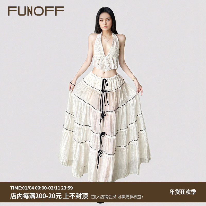 FUNOFF 海滩度假风网纱挂脖绑带吊带背心蝴蝶结A字半身长裙套装女,女装/女士精品,时尚套装,淘宝优惠券,粉丝福利购,淘宝优惠卷