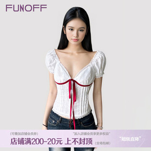 FUNOFF T恤少女感白色蕾丝收腰上衣 法式 bm蝴蝶结V领束腰泡泡短袖