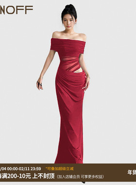 FUNOFF度假一字肩红色网纱假两件鱼尾连衣裙御姐纯色露腰拖地长裙