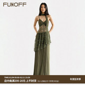 FUNOFF 古着感vintage绿色蕾丝吊带连衣裙复古收腰围脖不规则长裙
