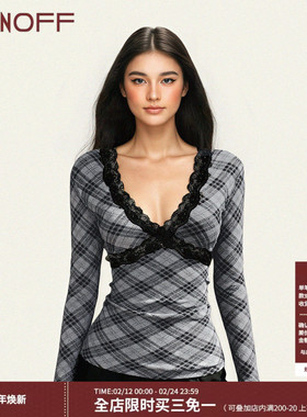 FUNOFF 美式复古灰色格纹蕾丝V领长袖打底衫性感低胸修身收腰上衣