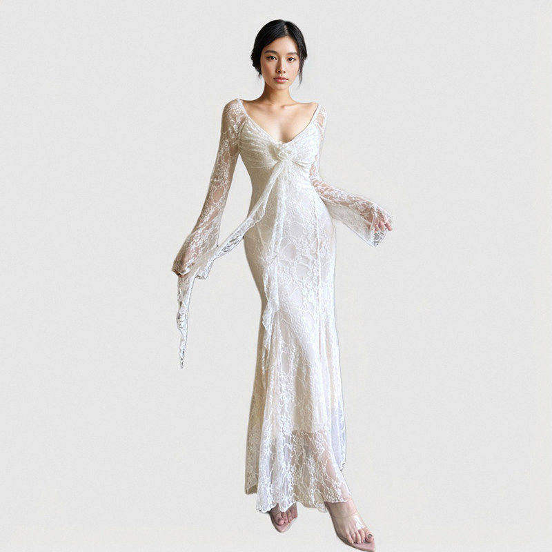 FUNOFF 法式复古白色玫瑰喇叭长袖连衣裙气质飘带收腰鱼尾长裙女